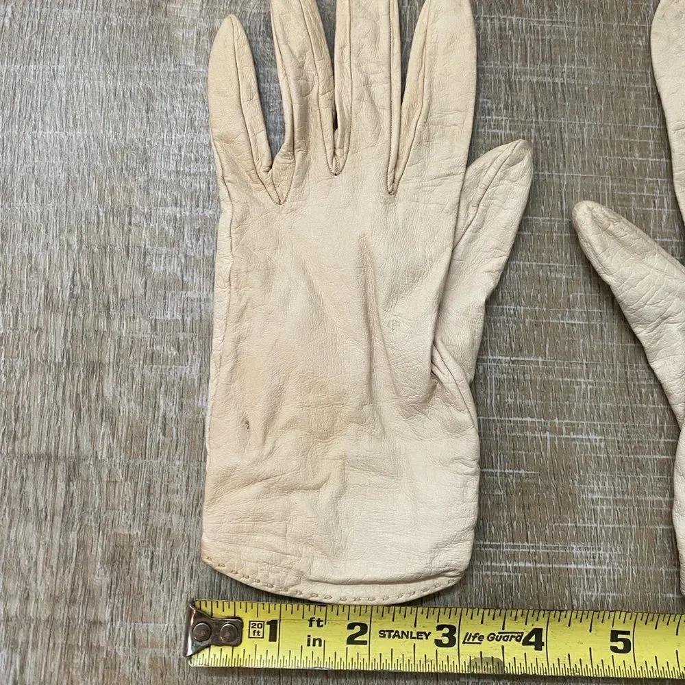 Rare 60s Vintage Christian Dior Leather Gloves Silk Lined Sz Small Ivory Cream